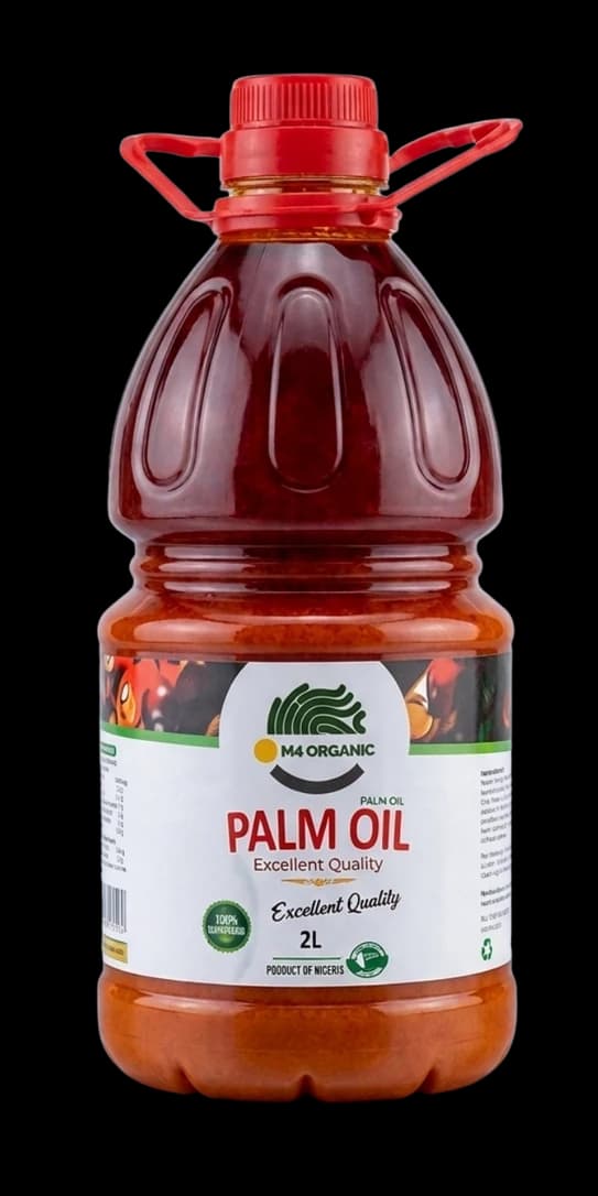 M4 Organic red palm oil in 1 litre and 2 litre bottles