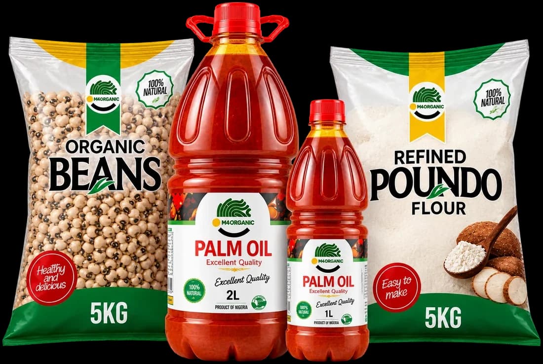 M4 Organic red palm oil, organic beans and poundo yam flour